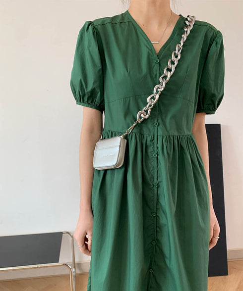 シャツワンピース パフスリーブレトロ風 半袖 ロングワンピース レディース ハイウエスト 無地 夏ワンピ リゾート Vネック サマーワンピ AMJZ-83009