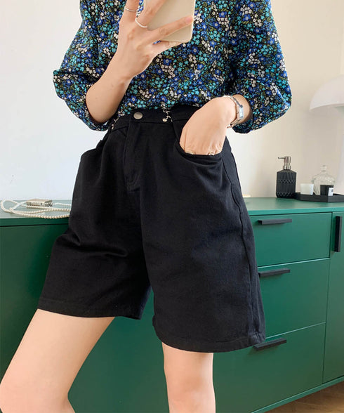 デニムショートパンツ レディース 韓国 ワイドパンツ きれいめ カラージーンズ ハイウエスト 股上 深め ジーパン Aライン ボトムス 大人 AMJZ-83010