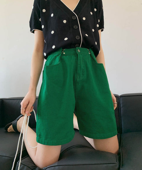 デニムショートパンツ レディース 韓国 ワイドパンツ きれいめ カラージーンズ ハイウエスト 股上 深め ジーパン Aライン ボトムス 大人 AMJZ-83010