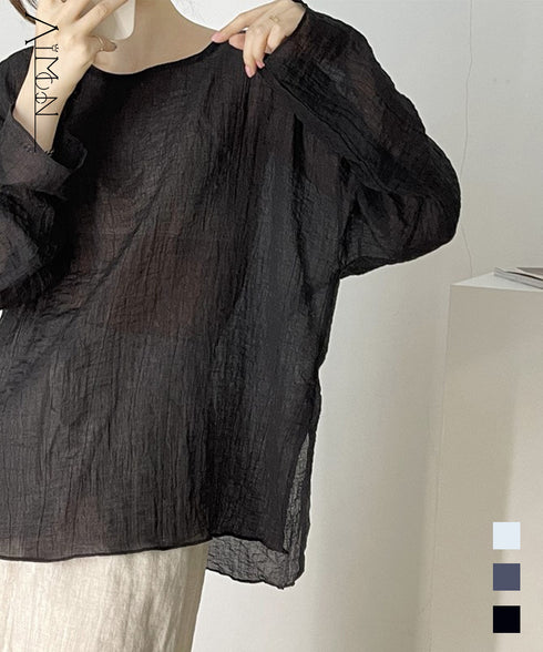 ワッシャー ブラウス レディース 長袖 シアーシャツ ゆったり 体型カバー トップス 透け感 きれいめ らくちん サイドスリット AMJZ-83013