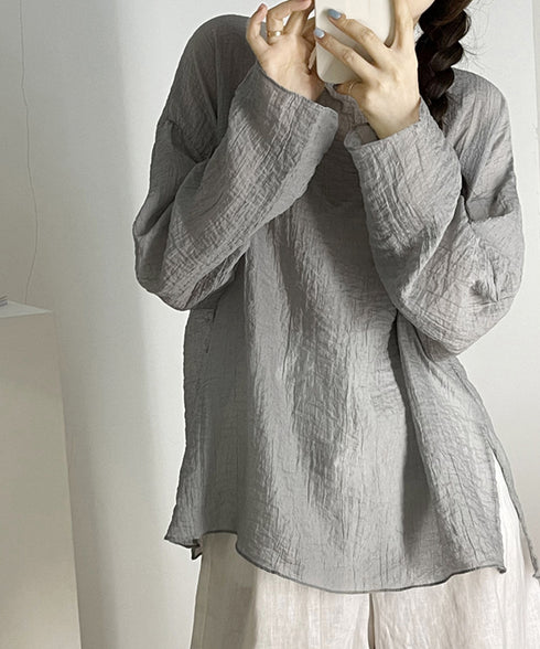 ワッシャー ブラウス レディース 長袖 シアーシャツ ゆったり 体型カバー トップス 透け感 きれいめ らくちん サイドスリット AMJZ-83013