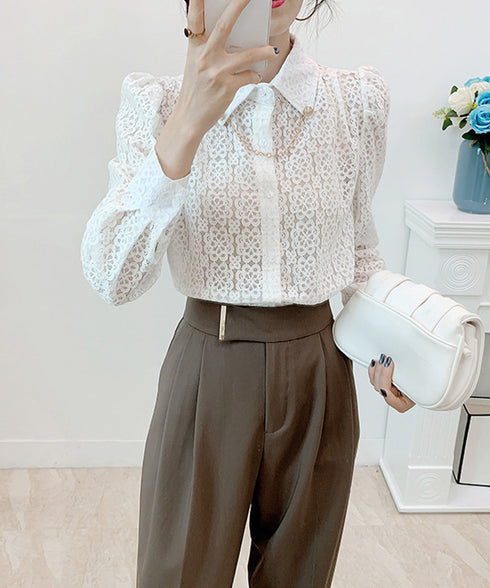 レース 花柄 ブラウス 韓国 レディース シースルー トップス きれいめ 春 秋服 新作 パフスリーブ 長袖 婦人服 通販 30代 オススメ AMLS-82001