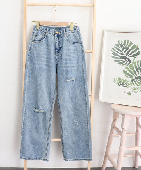 デニム ストレートパンツ ダメージ加工 デニムワイドパンツ レディース ハイウエスト ジーンズ オシャレ クラッシュジーパン AMMH-6001