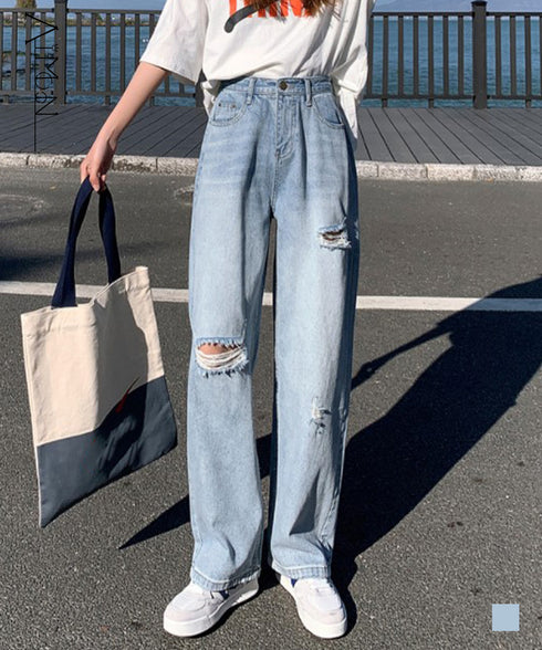 デニム ストレートパンツ ダメージ加工 デニムワイドパンツ レディース ハイウエスト ジーンズ オシャレ クラッシュジーパン AMMH-6001