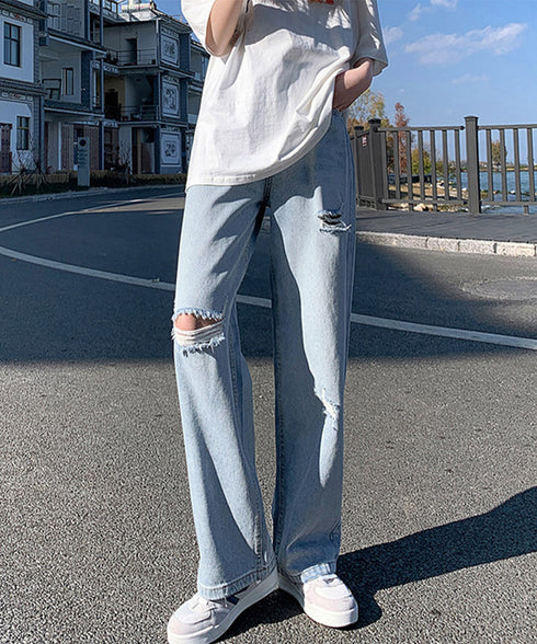 デニム ストレートパンツ ダメージ加工 デニムワイドパンツ レディース ハイウエスト ジーンズ オシャレ クラッシュジーパン AMMH-6001