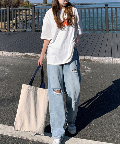 デニム ストレートパンツ ダメージ加工 デニムワイドパンツ レディース ハイウエスト ジーンズ オシャレ クラッシュジーパン AMMH-6001
