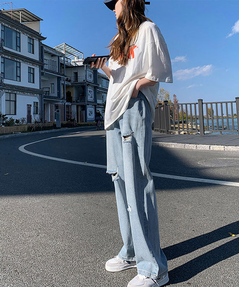 デニム ストレートパンツ ダメージ加工 デニムワイドパンツ レディース ハイウエスト ジーンズ オシャレ クラッシュジーパン AMMH-6001