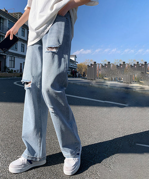 デニム ストレートパンツ ダメージ加工 デニムワイドパンツ レディース ハイウエスト ジーンズ オシャレ クラッシュジーパン AMMH-6001