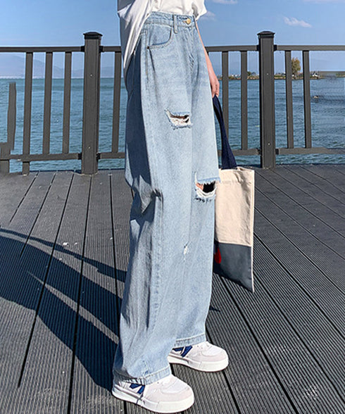 デニム ストレートパンツ ダメージ加工 デニムワイドパンツ レディース ハイウエスト ジーンズ オシャレ クラッシュジーパン AMMH-6001