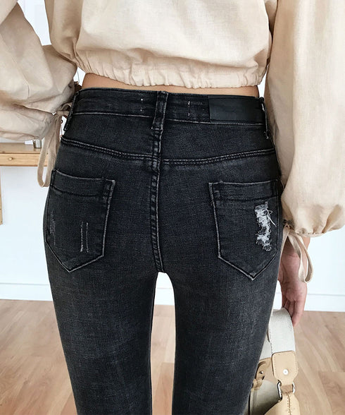 スキニー デニムパンツレディースダメージ ハイウエスト ジーパン ストレッチ ジーンズ 大きいサイズ カットオフ パンツ 着やせ AMMH-6003