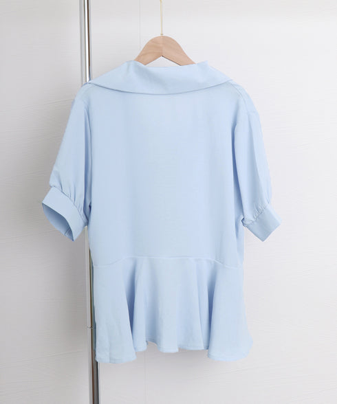 半袖ブラウス レディースウエストマーク vネック トップス きれいめ 春夏 シャツブラウス 上品 清楚 5分袖 アシンメトリーヘム AMRH-82002