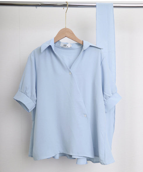 半袖ブラウス レディースウエストマーク vネック トップス きれいめ 春夏 シャツブラウス 上品 清楚 5分袖 アシンメトリーヘム AMRH-82002