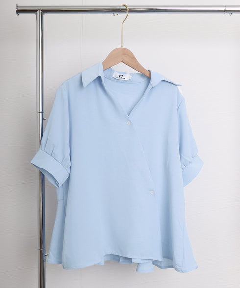半袖ブラウス レディースウエストマーク vネック トップス きれいめ 春夏 シャツブラウス 上品 清楚 5分袖 アシンメトリーヘム AMRH-82002