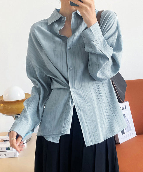 シャツブラウス レディース ゆったり オフィスカジュアル シワ加工シャツ 薄手 ドロップショルダーブラウス お洒落 開襟シャツ AMTC-80005