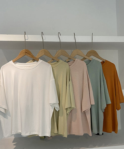 カットソー 無地レディースカジュアル ゆるtシャツ ドロップショルダー ラウンドネック トップス サマーTシャツ 韓国ファッション AMTC-80009