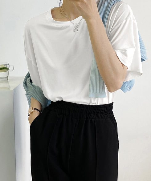 カットソー 無地レディースカジュアル ゆるtシャツ ドロップショルダー ラウンドネック トップス サマーTシャツ 韓国ファッション AMTC-80009