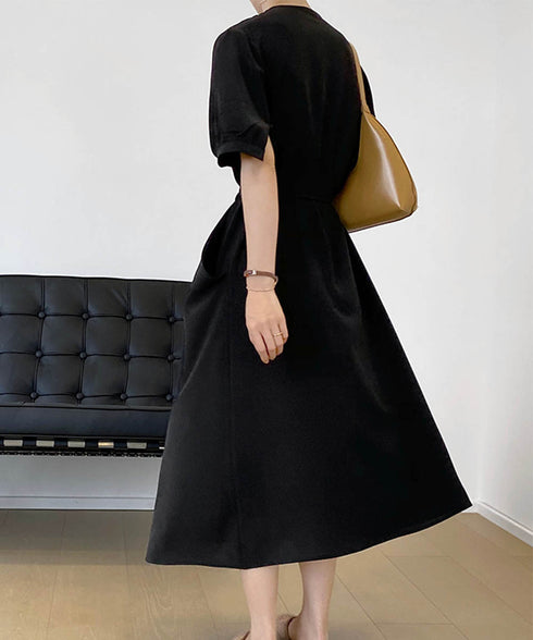 カシュクールワンピース Vネック夏ワンピ レトロ風 パフスリーブ ロングワンピース 半袖 レディース ウエストマーク 上品 サマーワンピ AMTC-80012