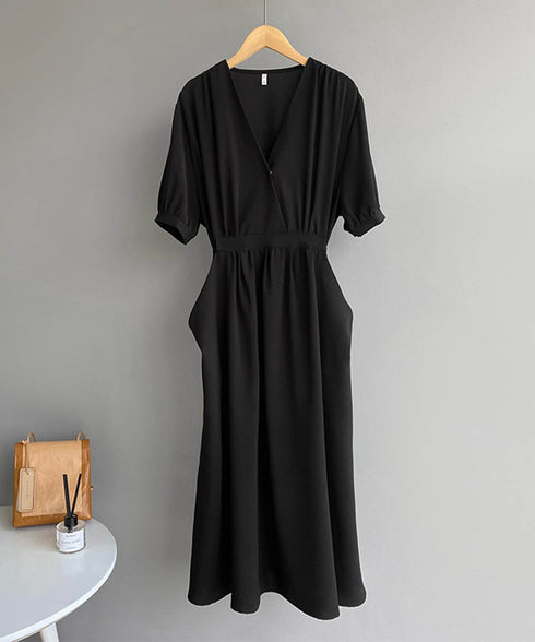 カシュクールワンピース Vネック夏ワンピ レトロ風 パフスリーブ ロングワンピース 半袖 レディース ウエストマーク 上品 サマーワンピ AMTC-80012