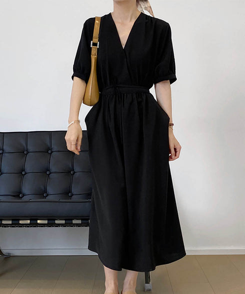 カシュクールワンピース Vネック夏ワンピ レトロ風 パフスリーブ ロングワンピース 半袖 レディース ウエストマーク 上品 サマーワンピ AMTC-80012