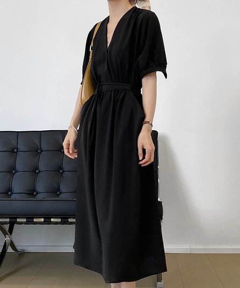 カシュクールワンピース Vネック夏ワンピ レトロ風 パフスリーブ ロングワンピース 半袖 レディース ウエストマーク 上品 サマーワンピ AMTC-80012