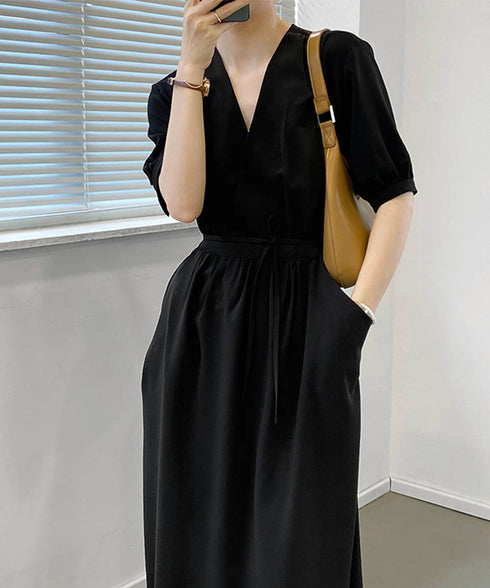 カシュクールワンピース Vネック夏ワンピ レトロ風 パフスリーブ ロングワンピース 半袖 レディース ウエストマーク 上品 サマーワンピ AMTC-80012