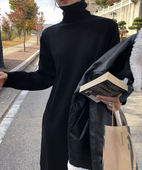 タートルネックニットワンピース 韓国風 レディース ロングワンピース 着やせ ハイネックワンピース カジュアル aラインワンピース エレガントセーターワンピース AMVV-82001