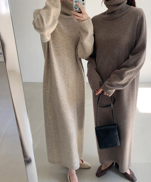 タートルネックニットワンピース 韓国風 レディース ロングワンピース 着やせ ハイネックワンピース カジュアル aラインワンピース エレガントセーターワンピース AMVV-82001