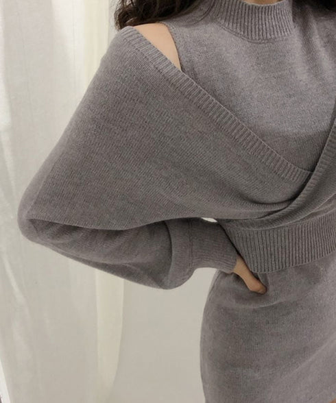 ニットワンピース セットアップ 韓国風 カシュクール ニットトップス レディース タンクワンピース きれいめ ミニ丈ワンピース 肩出し ニットセンター 秋冬上品 AMVV-86002