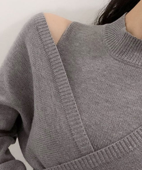 ニットワンピース セットアップ 韓国風 カシュクール ニットトップス レディース タンクワンピース きれいめ ミニ丈ワンピース 肩出し ニットセンター 秋冬上品 AMVV-86002