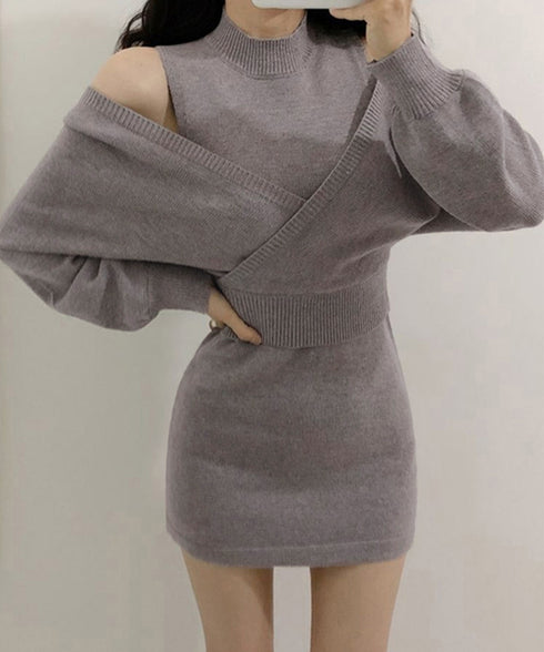 ニットワンピース セットアップ 韓国風 カシュクール ニットトップス レディース タンクワンピース きれいめ ミニ丈ワンピース 肩出し ニットセンター 秋冬上品 AMVV-86002