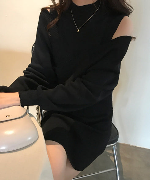 ニットワンピース セットアップ 韓国風 カシュクール ニットトップス レディース タンクワンピース きれいめ ミニ丈ワンピース 肩出し ニットセンター 秋冬上品 AMVV-86002