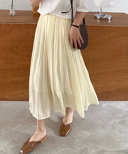 ランダムプリーツスカート ミモレ丈 光沢 スカート きれいめ ウエストゴム ロングスカート 春夏 カジュアル スカート 大人 可愛い AMWS-6001