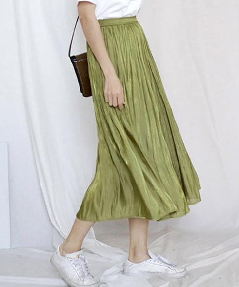 ランダムプリーツスカート ミモレ丈 光沢 スカート きれいめ ウエストゴム ロングスカート 春夏 カジュアル スカート 大人 可愛い AMWS-6001