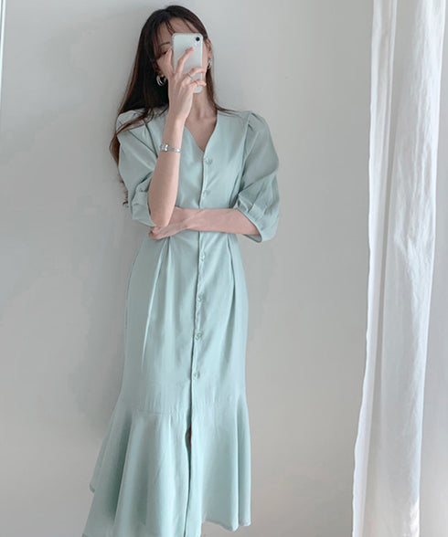 ロングワンピース Vネック レディース ミディ丈 シャツワンピース フィッシュテール ブラウスワンピース サマーワンピー 結婚式 AMXMY-6001
