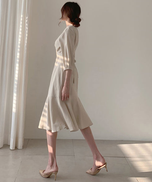 ロングワンピース Vネック レディース ミディ丈 シャツワンピース フィッシュテール ブラウスワンピース サマーワンピー 結婚式 AMXMY-6001