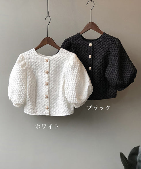 上品ブラウス レディース パフスリーブ レトロ ショート丈トップス フロントボタン ラウンドネック プルオーバー 着やせ OL AMYS-1002