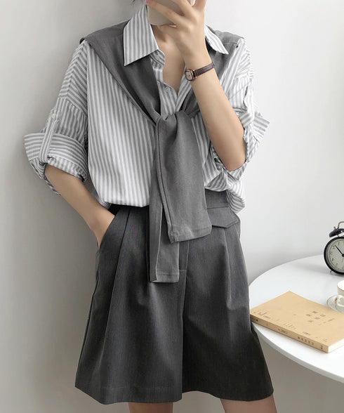 ブラウス ストライプ柄 レディース 春夏 ショール付 ゆったり 七分袖シャツ 体型カバー 着やせ おしゃれ 折り襟 トップス コットン AMYS-1005