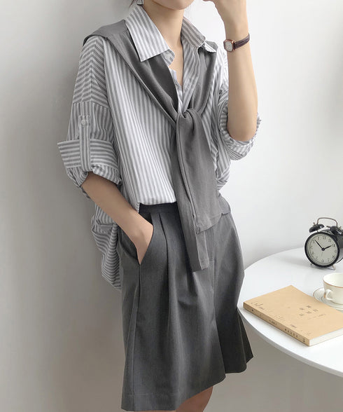 ブラウス ストライプ柄 レディース 春夏 ショール付 ゆったり 七分袖シャツ 体型カバー 着やせ おしゃれ 折り襟 トップス コットン AMYS-1005