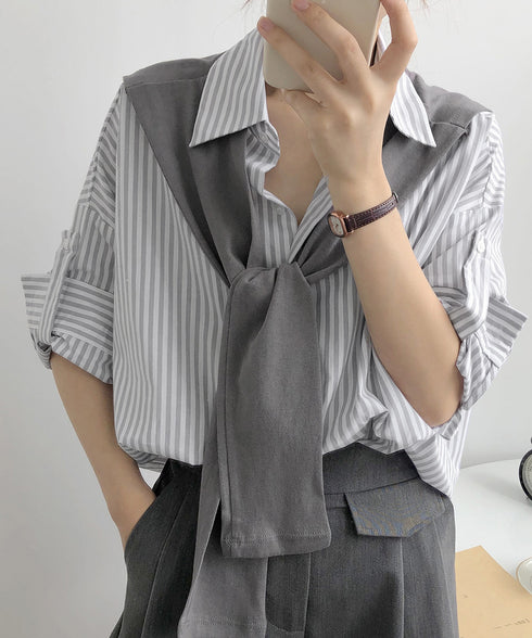 ブラウス ストライプ柄 レディース 春夏 ショール付 ゆったり 七分袖シャツ 体型カバー 着やせ おしゃれ 折り襟 トップス コットン AMYS-1005