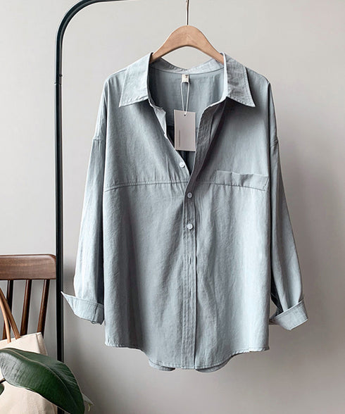 シャツブラウス レディース長袖トップス ロングシャツ ラウンドヘム 体型カバー 前ポケット カーディガン 無地 ブラウス 着やせ レトロ AMYS-1006