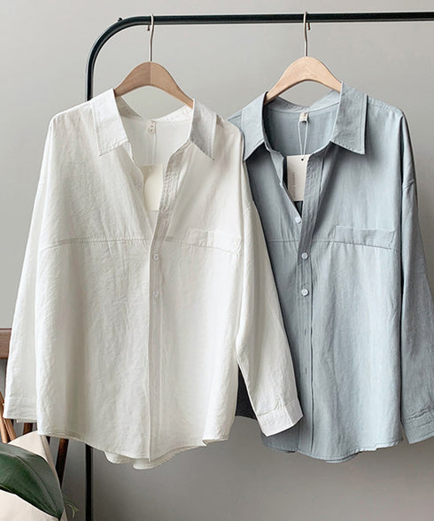 シャツブラウス レディース長袖トップス ロングシャツ ラウンドヘム 体型カバー 前ポケット カーディガン 無地 ブラウス 着やせ レトロ AMYS-1006
