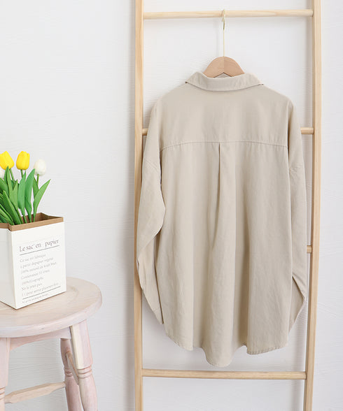 シャツブラウス レディース長袖トップス ロングシャツ ラウンドヘム 体型カバー 前ポケット カーディガン 無地 ブラウス 着やせ レトロ AMYS-1006