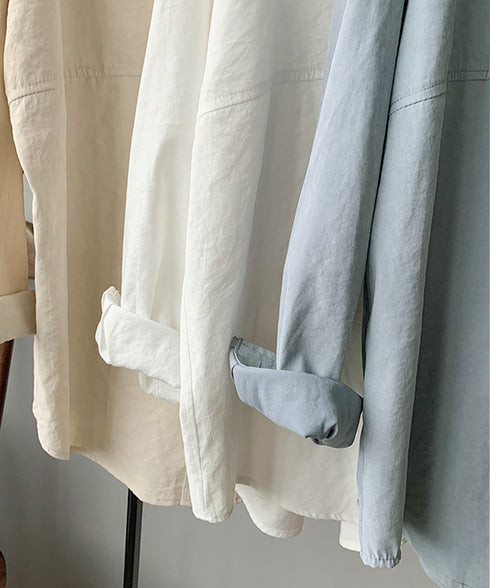 シャツブラウス レディース長袖トップス ロングシャツ ラウンドヘム 体型カバー 前ポケット カーディガン 無地 ブラウス 着やせ レトロ AMYS-1006