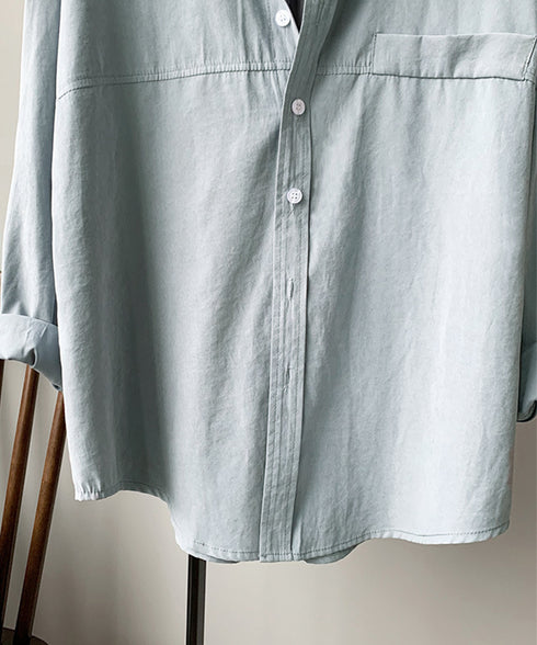 シャツブラウス レディース長袖トップス ロングシャツ ラウンドヘム 体型カバー 前ポケット カーディガン 無地 ブラウス 着やせ レトロ AMYS-1006