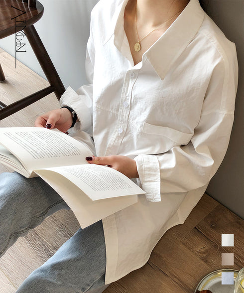 シャツブラウス レディース長袖トップス ロングシャツ ラウンドヘム 体型カバー 前ポケット カーディガン 無地 ブラウス 着やせ レトロ AMYS-1006
