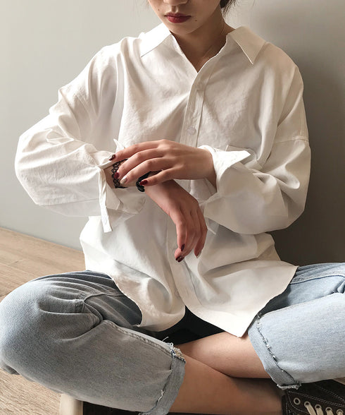 シャツブラウス レディース長袖トップス ロングシャツ ラウンドヘム 体型カバー 前ポケット カーディガン 無地 ブラウス 着やせ レトロ AMYS-1006