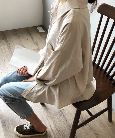 シャツブラウス レディース長袖トップス ロングシャツ ラウンドヘム 体型カバー 前ポケット カーディガン 無地 ブラウス 着やせ レトロ AMYS-1006