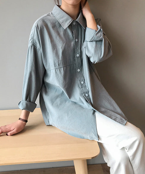 シャツブラウス レディース長袖トップス ロングシャツ ラウンドヘム 体型カバー 前ポケット カーディガン 無地 ブラウス 着やせ レトロ AMYS-1006