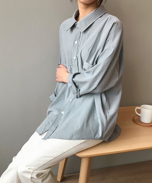 シャツブラウス レディース長袖トップス ロングシャツ ラウンドヘム 体型カバー 前ポケット カーディガン 無地 ブラウス 着やせ レトロ AMYS-1006