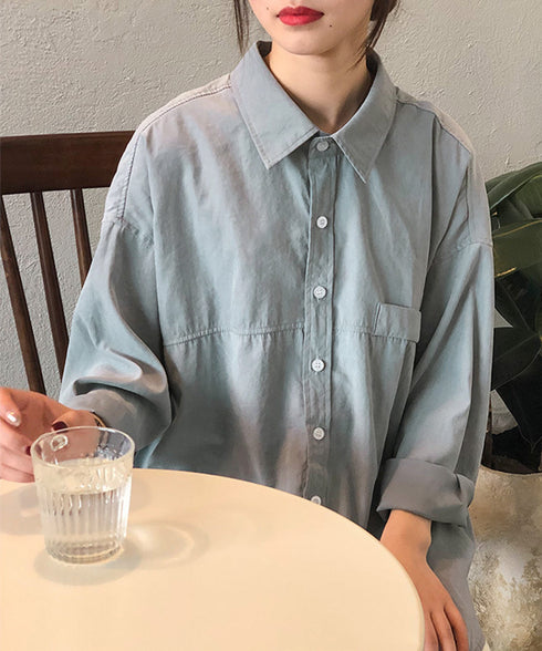 シャツブラウス レディース長袖トップス ロングシャツ ラウンドヘム 体型カバー 前ポケット カーディガン 無地 ブラウス 着やせ レトロ AMYS-1006